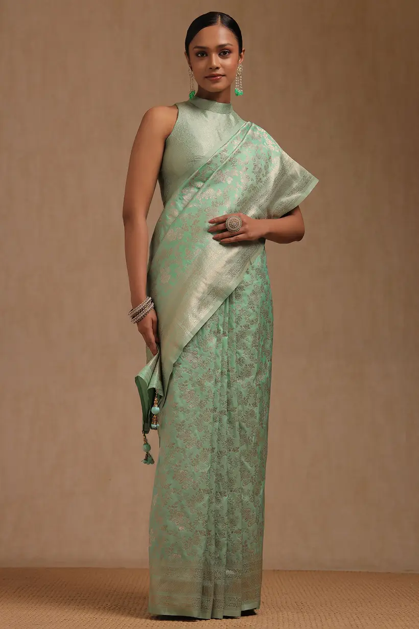 Light Green Dola Silk Floral Print Saree With Zari Woven